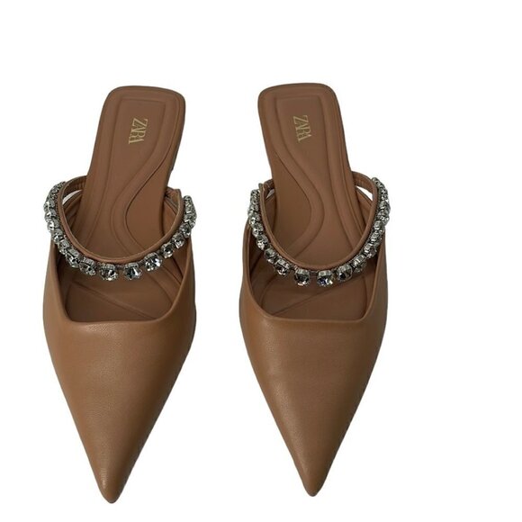 Zara Shoes - Zara sling back flat point shoes with rhinestones neutral beige brown sz 6
